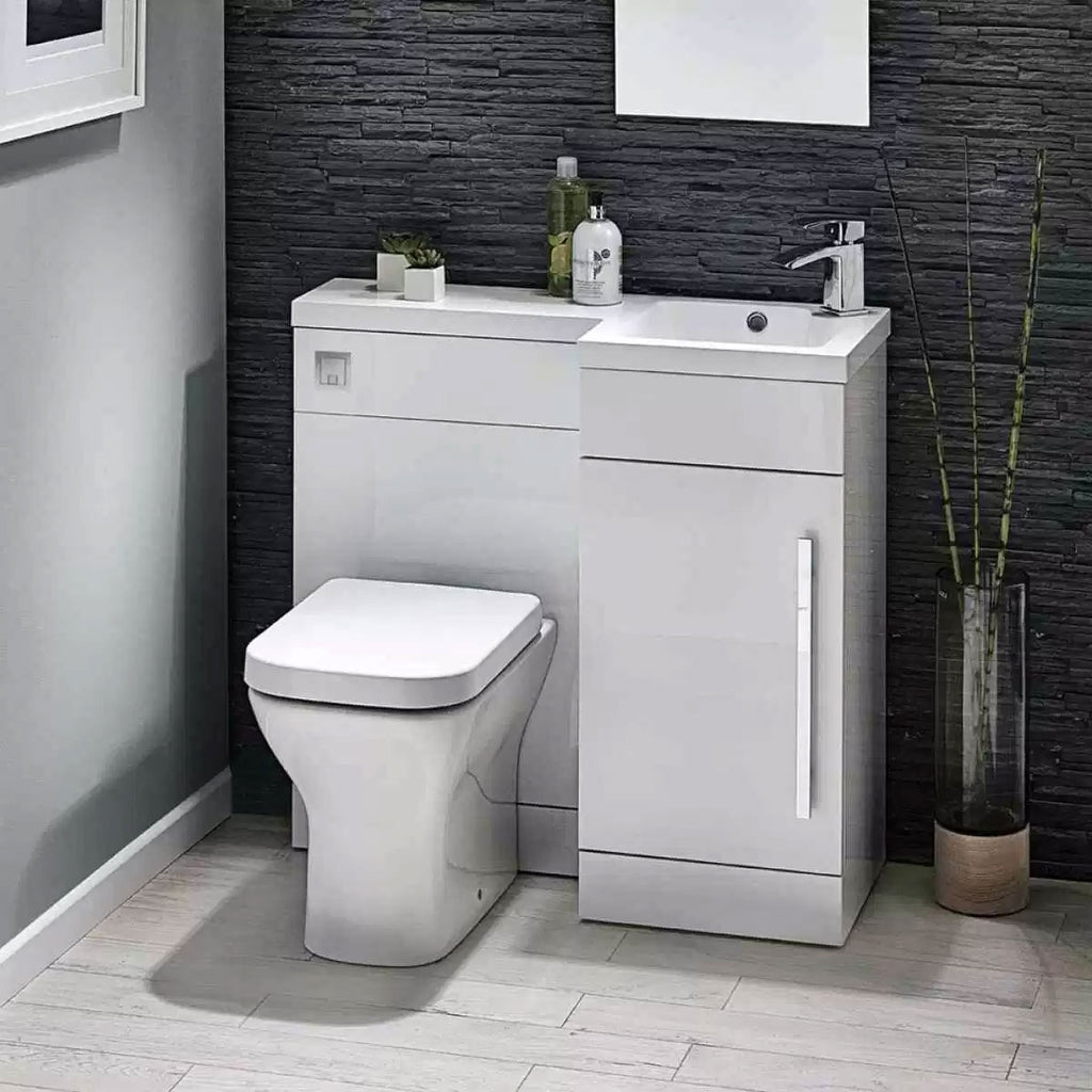 Lili 900mm L Shaped Furniture Pack Vanity & WC Unit Combined with 1 Piece Top White Gloss Right Hand