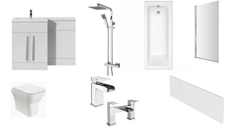 Modern L Shape Vanity Unit Full Bathroom Suite with Bath, Taps, Shower and Screen