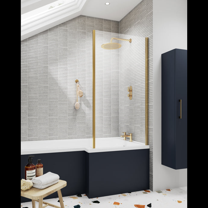 1700MM L SHAPE SHOWER BATH, PANEL AND BRUSHED BRASS SCREEN
