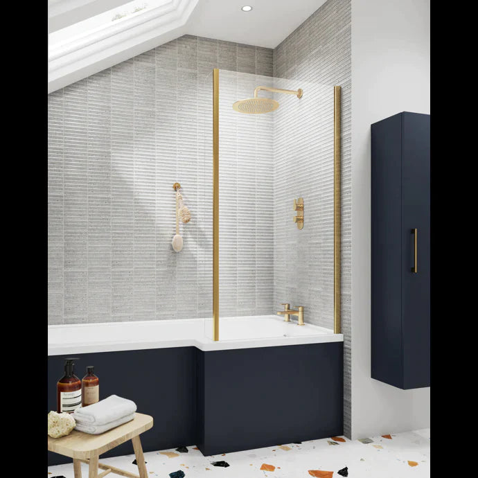1500MM L SHAPE SHOWER BATH, PANEL AND BRUSHED BRASS SCREEN