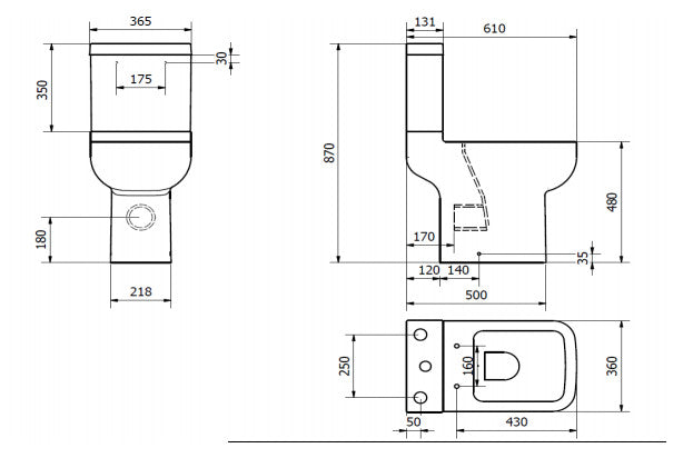 Options 600 Comfort Height Close Coupled Toilet with Soft Close Seat Technical Drawing