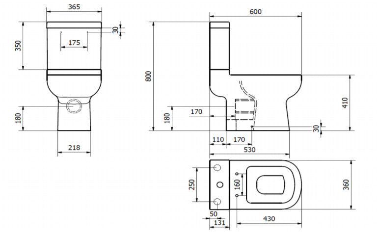 Kartell Studio Close Coupled Toilet with Soft Close Seat Technical Drawing