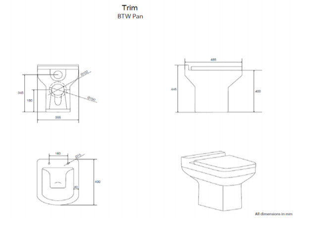 Kartell Trim BTW Toilet with Soft Close Seat Technical Drawing
