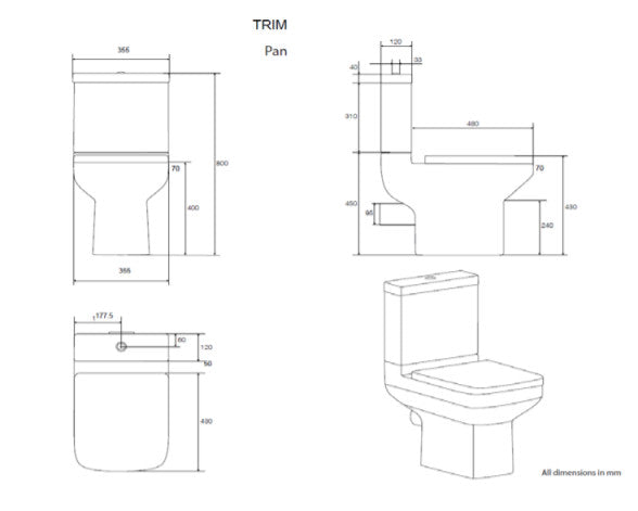 Trim Close Coupled Toilet with Soft Close Seat Technical Drawing